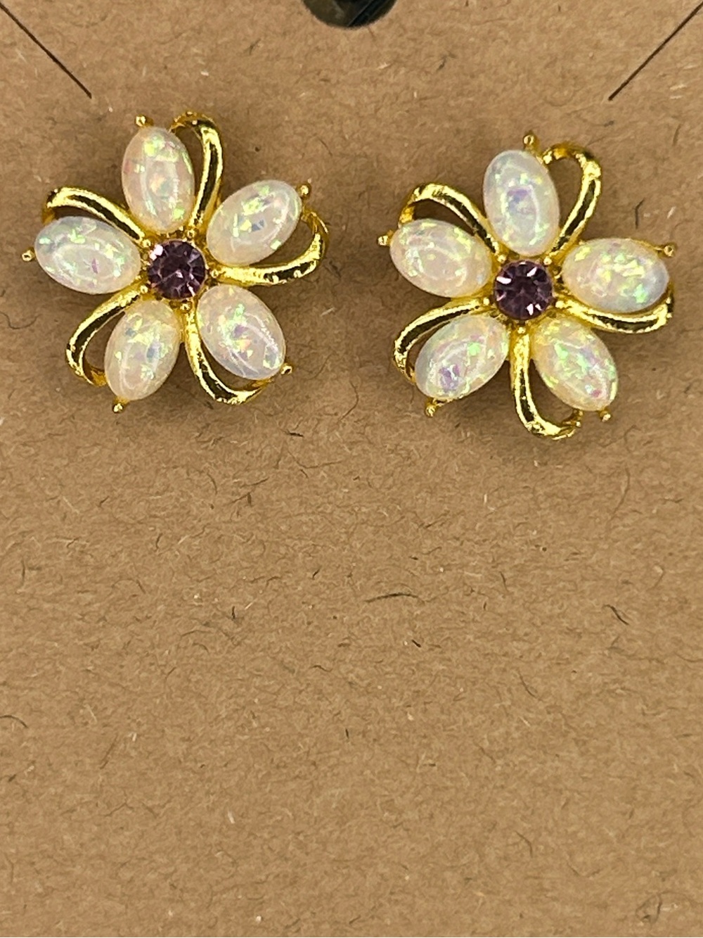 Gold Floral Opal & Amethyst Stud Earrings Fashion Jewelry